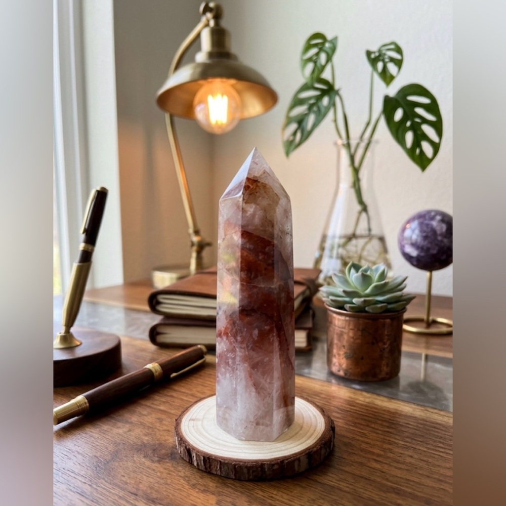 5" Red Fire Quartz Tower 6-Sided Obelisk Hematoid Crystal Point Reiki Charged